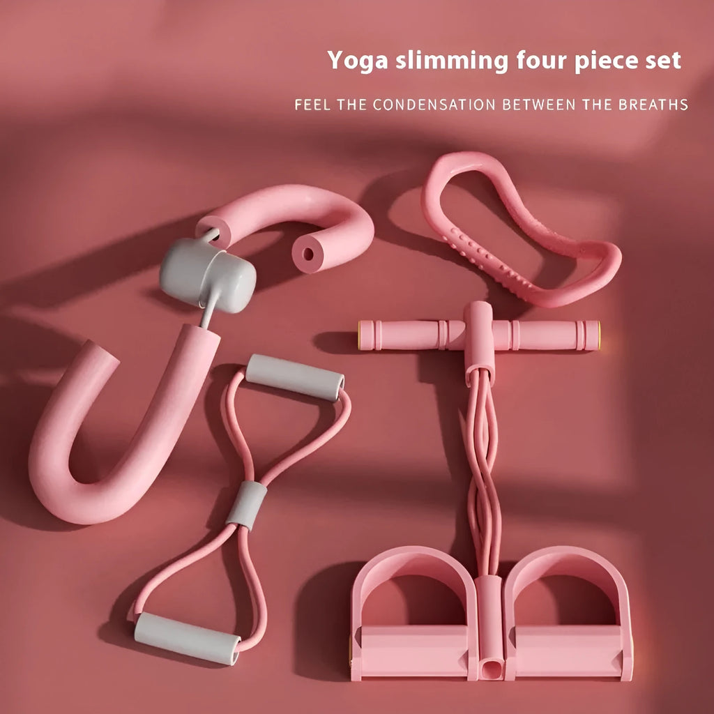 Four-piece yoga fitness set with leg stretcher, yoga ring, pedal puller, and figure-eight tension rope.