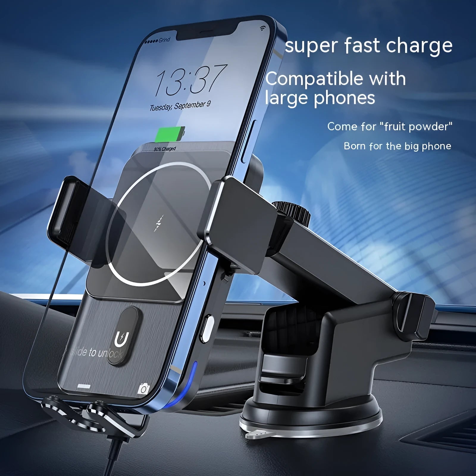 Black car wireless charger phone holder with 15W charging and suction cup mount