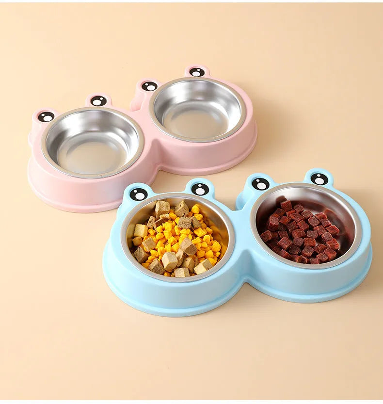 Stainless steel double compartment pet bowl set for cats and dogs in blue colour