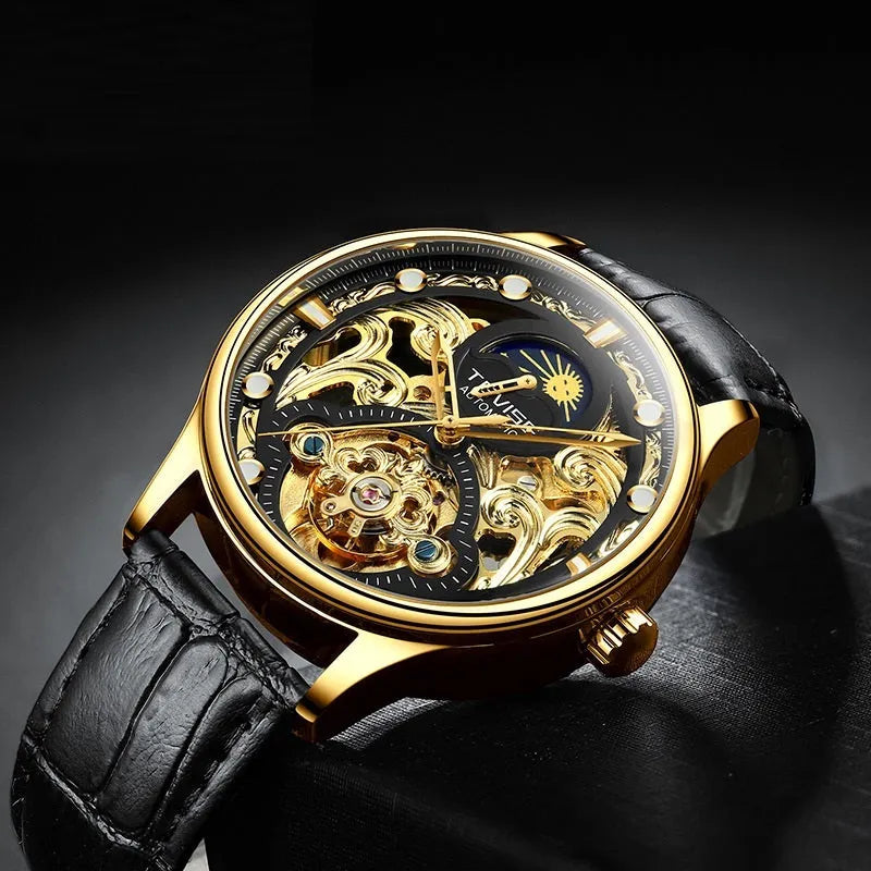 Men's automatic mechanical watch with leather strap in gold colour, business style design