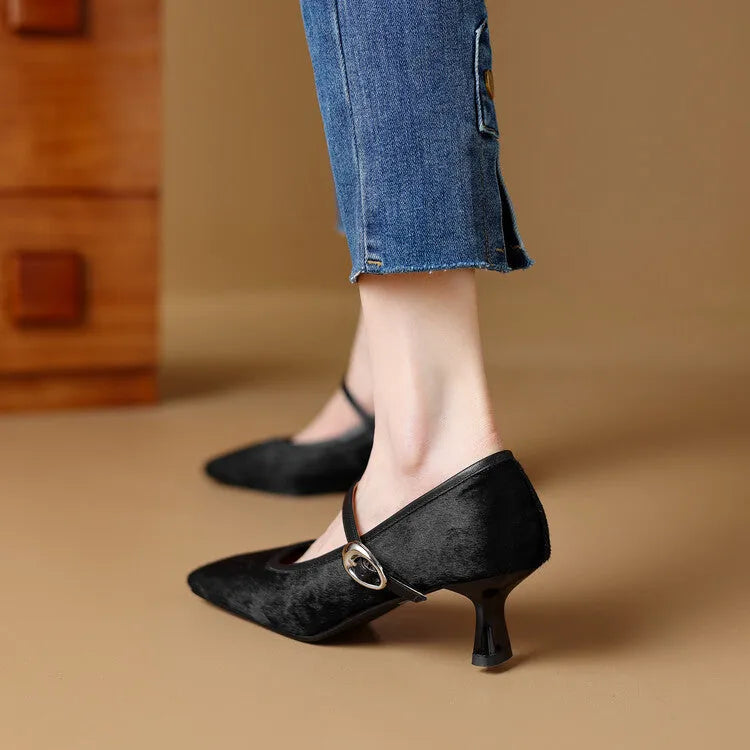 Women's black square toe stiletto ankle-strap heels with horse hair upper and buckle closure.