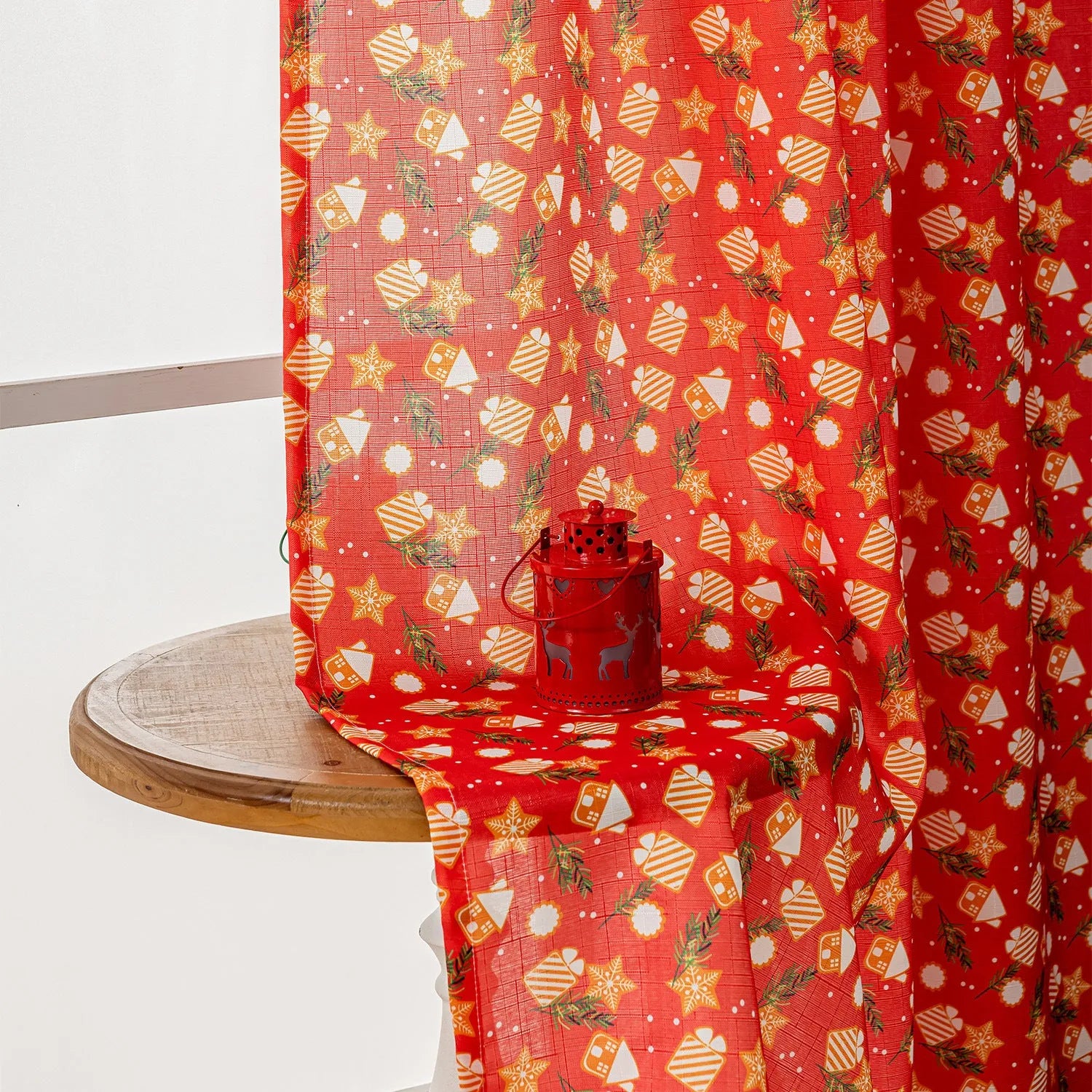 Christmas snowman angel print curtain panel in red colour with cartoon anime figures