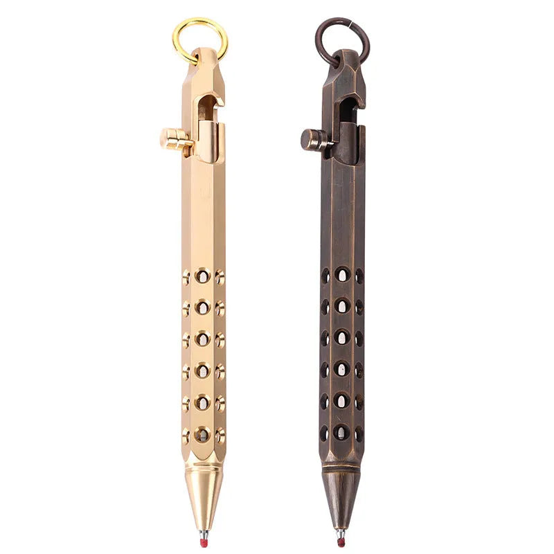 Solid brass hexagonal bolt roller pen showing its 6-angle design and 13cm length.