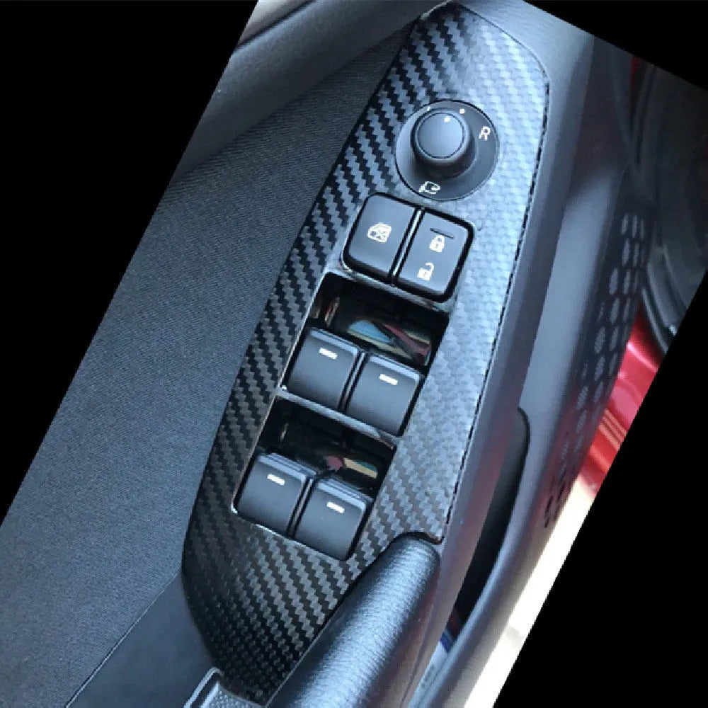 Four TPU protective films for car door control panels in transparent, carbon fibre black and matte black finishes