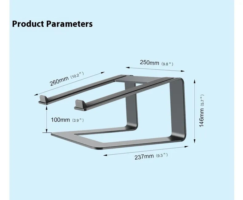 Aluminium laptop stand in black colour showing dimensions 29.9 × 25.8 × 18.5 cm