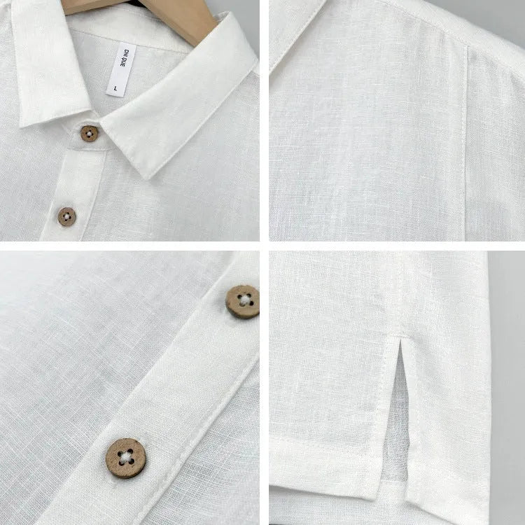 Men's linen summer shirt with thin lapels, short sleeves, and loose fit in multiple colours