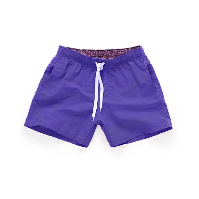 Men's straight leg beach shorts in polyester, shown in multiple colours and plus sizes.