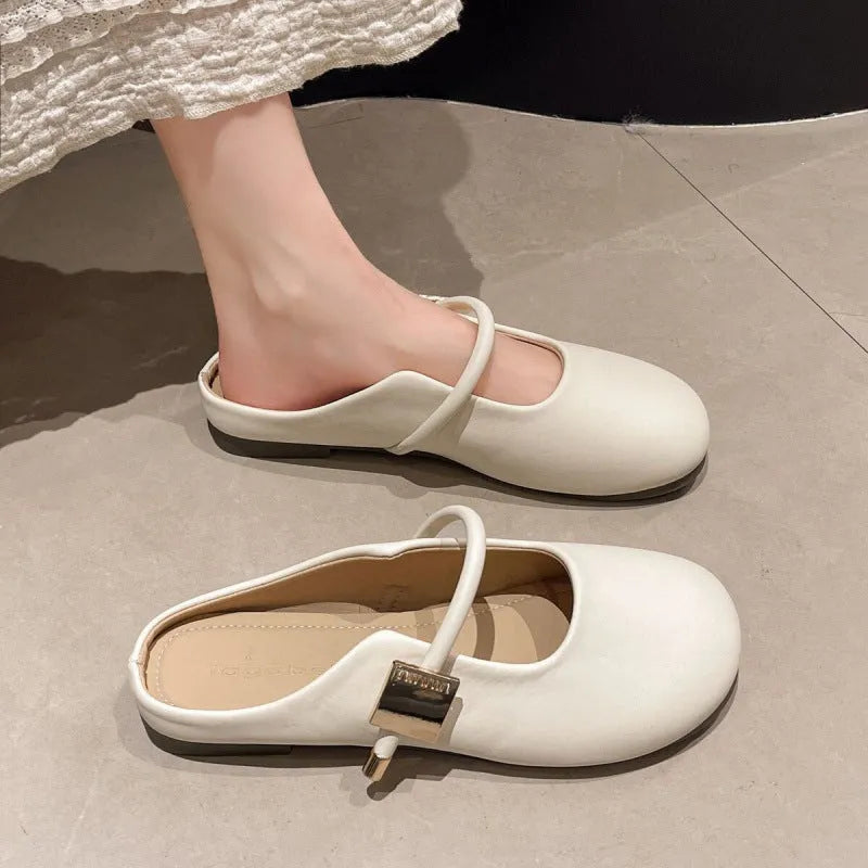 Women's apricot or khaki slip-on semi slipper with square buckle toe cap and PVC sole