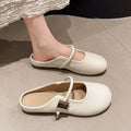Women's apricot or khaki slip-on semi slipper with square buckle toe cap and PVC sole