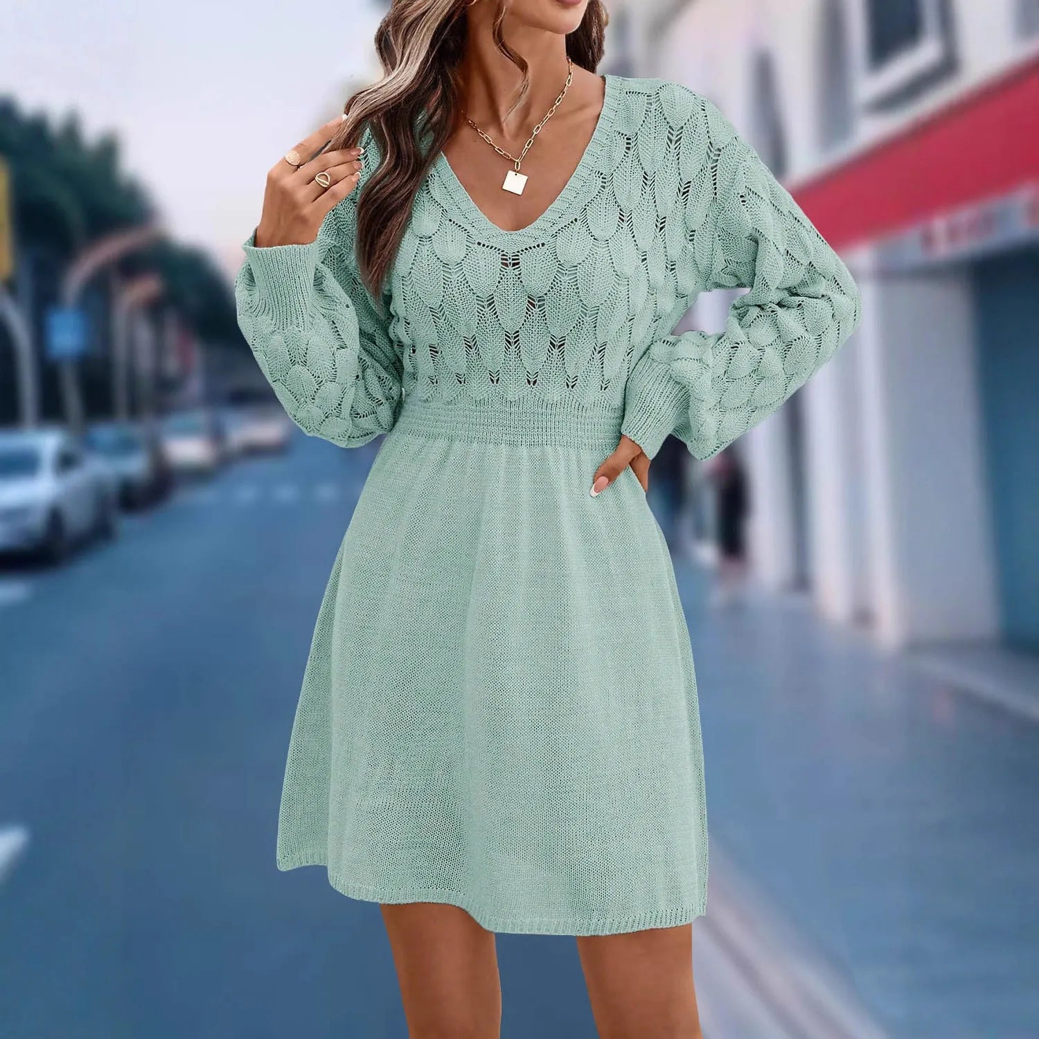 Acrylic V-neck ethnic style beach dress with long sleeves and 3D pattern in apricot colour