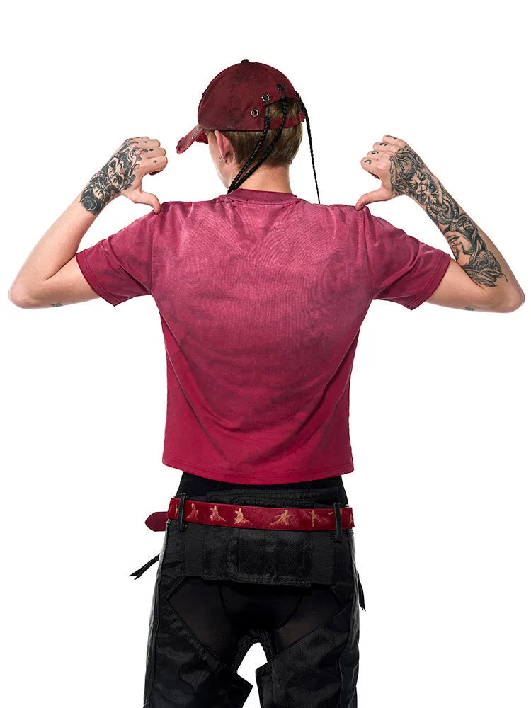 Men's red slim-fit t-shirt with distressed spray wash design and short sleeves