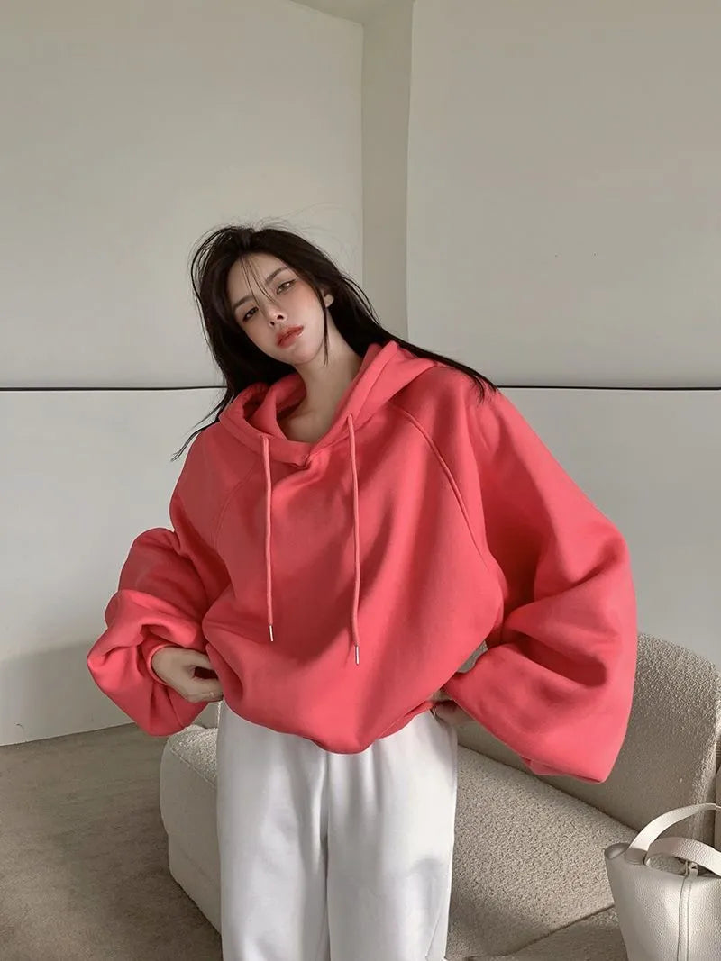 Women's watermelon red mulberry silk hooded sweater with sleeveless loose pullover design