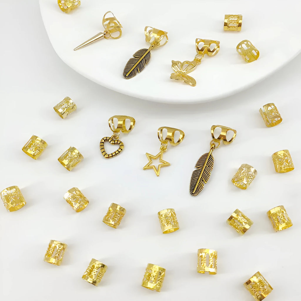 26 antique style dirty braid hair rings with leaf design in gold electroplated alloy