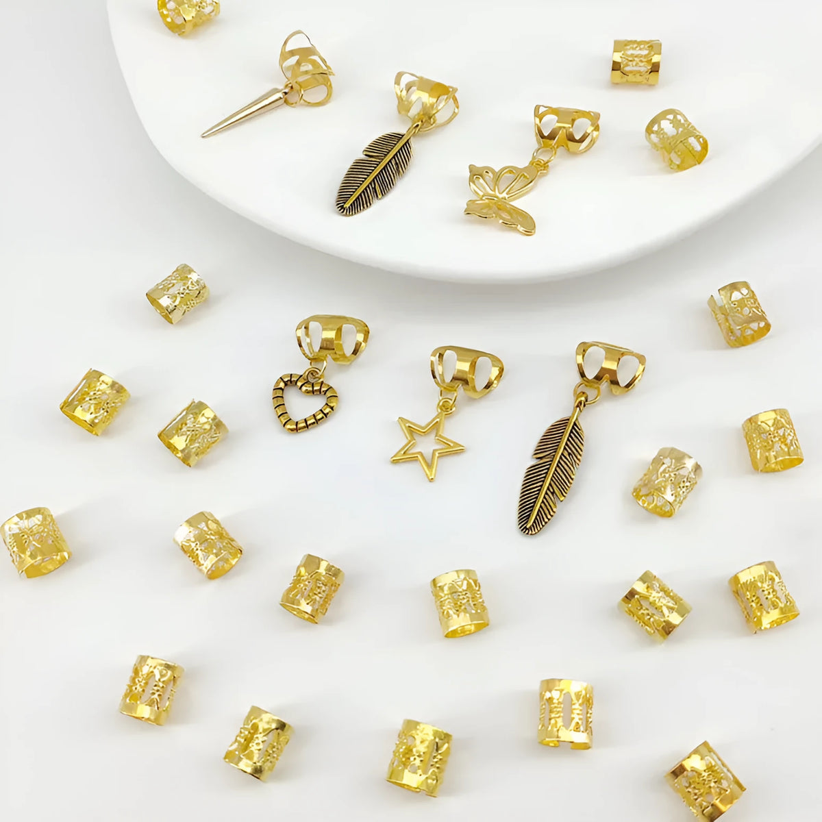 26 antique style dirty braid hair rings with leaf design in gold electroplated alloy