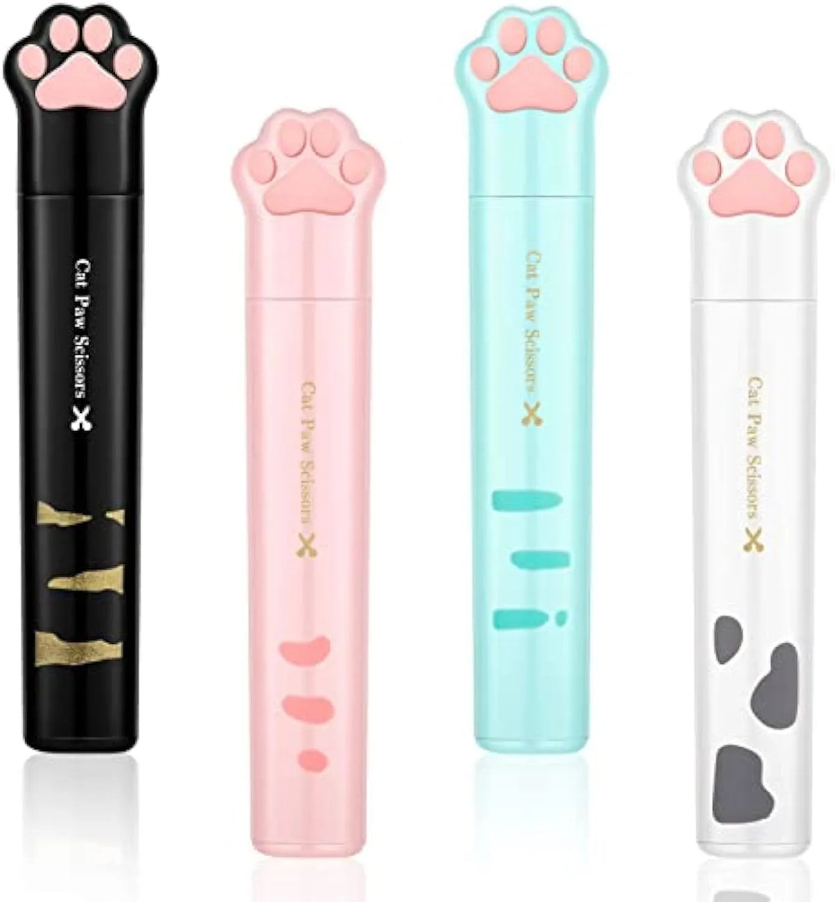 Closed and open views of cute cat paw design mini folding scissors in various colours.