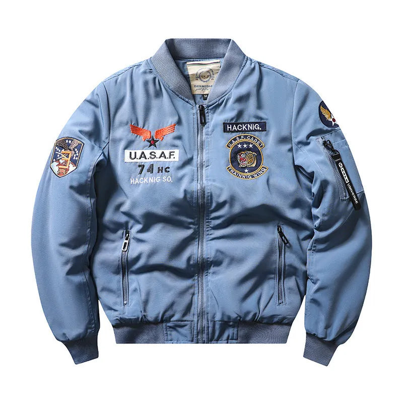 Men's retro Harley motorcycle cotton-padded coat with stand collar and embroidery in solid colour
