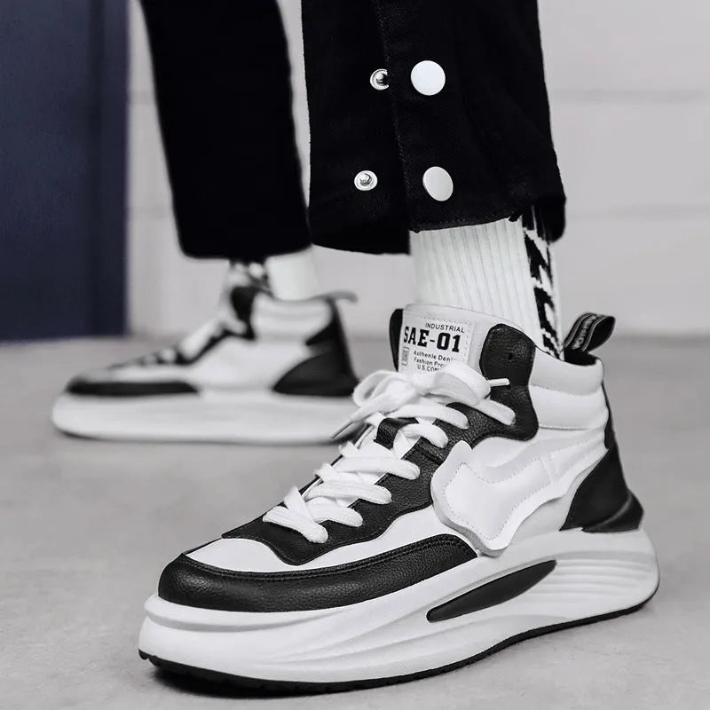 Men's black and white platform high-top board shoes with round toe and artificial PU leather upper