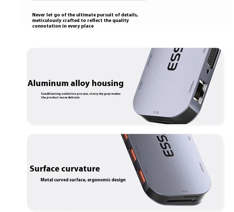 11-in-1 USB-C expansion hub with attached cable and Gigabit Ethernet port on a desk.