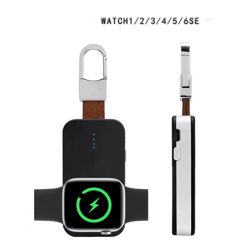 Black keychain-sized wireless power bank for Apple Watch showing front view and size relative to a keyring.
