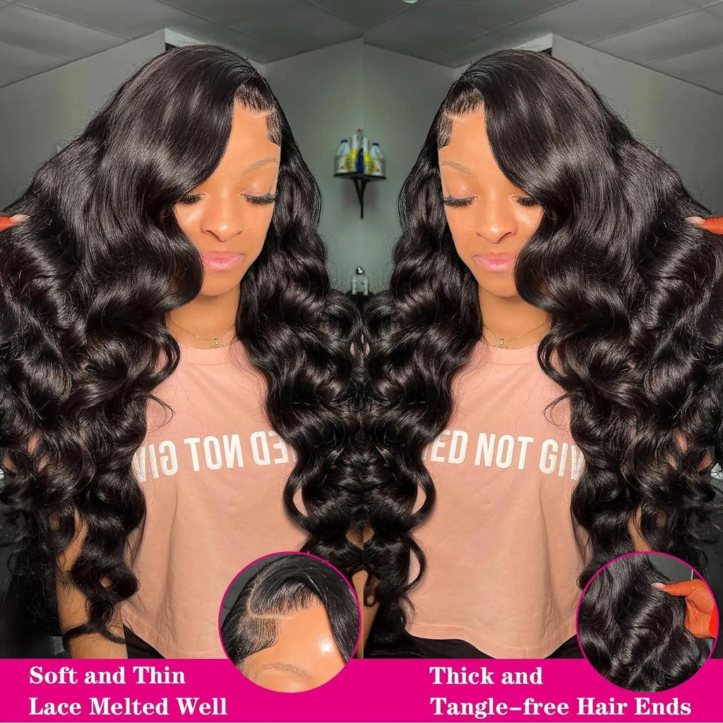 Black synthetic full-head wig with medium-long curly waves, shown on a model or wig stand.
