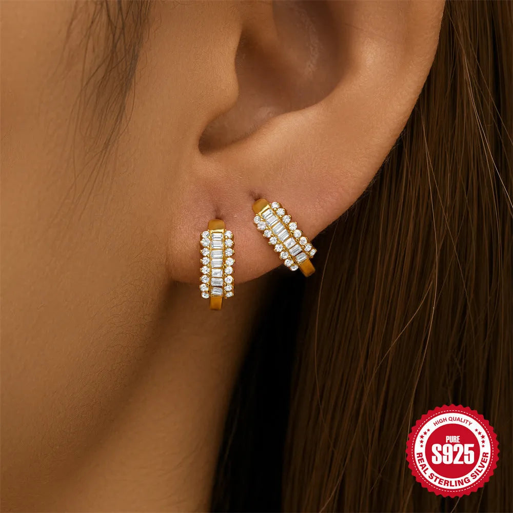 Small round geometric S925 sterling silver stud earrings with gold or silver electroplated finish