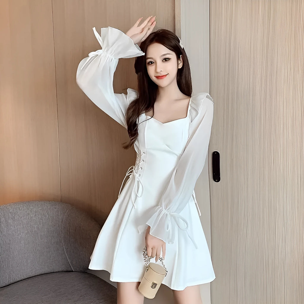 White long sleeve dress with chiffon patchwork detail and waist-slimming cut for women