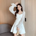 White long sleeve dress with chiffon patchwork detail and waist-slimming cut for women