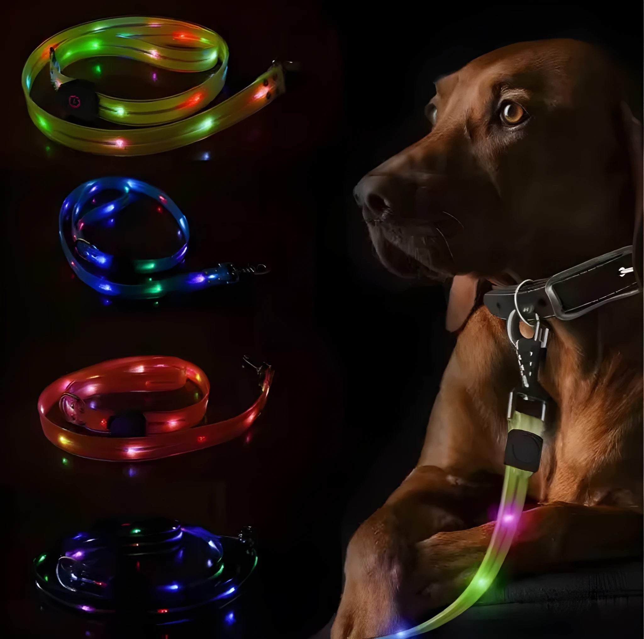 Luminous PVC dog collar and leash set in fluorescent green showing 25cm by 120cm dimensions