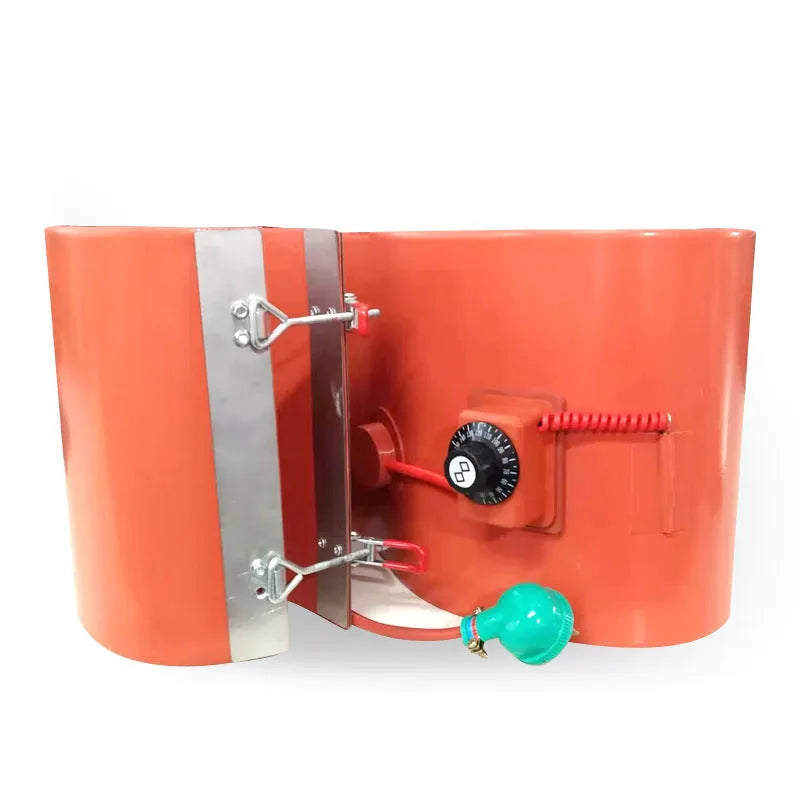 Silicone rubber heating belt wrapped around a 200-litre oil drum, showing digital display control unit.