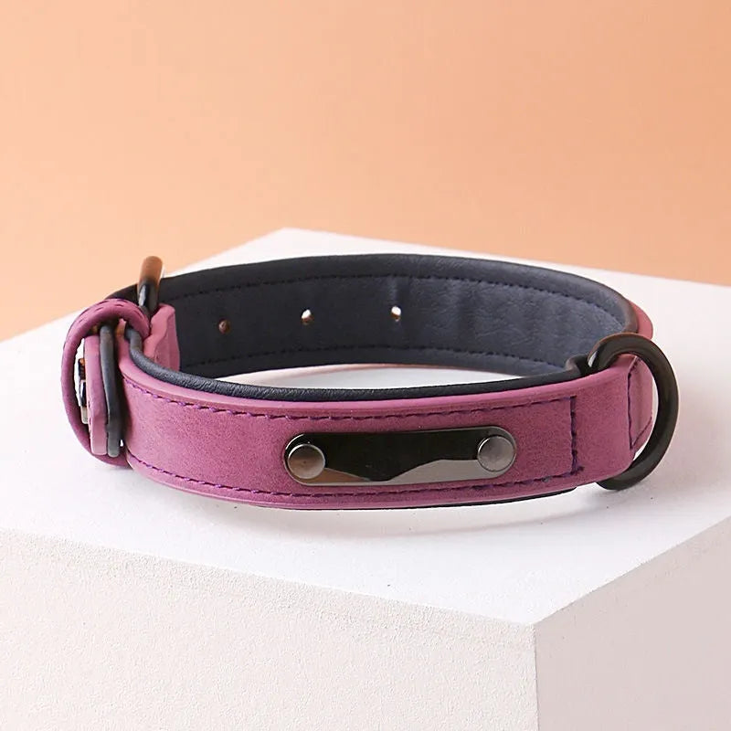 Adjustable anti-loss dog collar showing PU front and microfiber back in available colour options