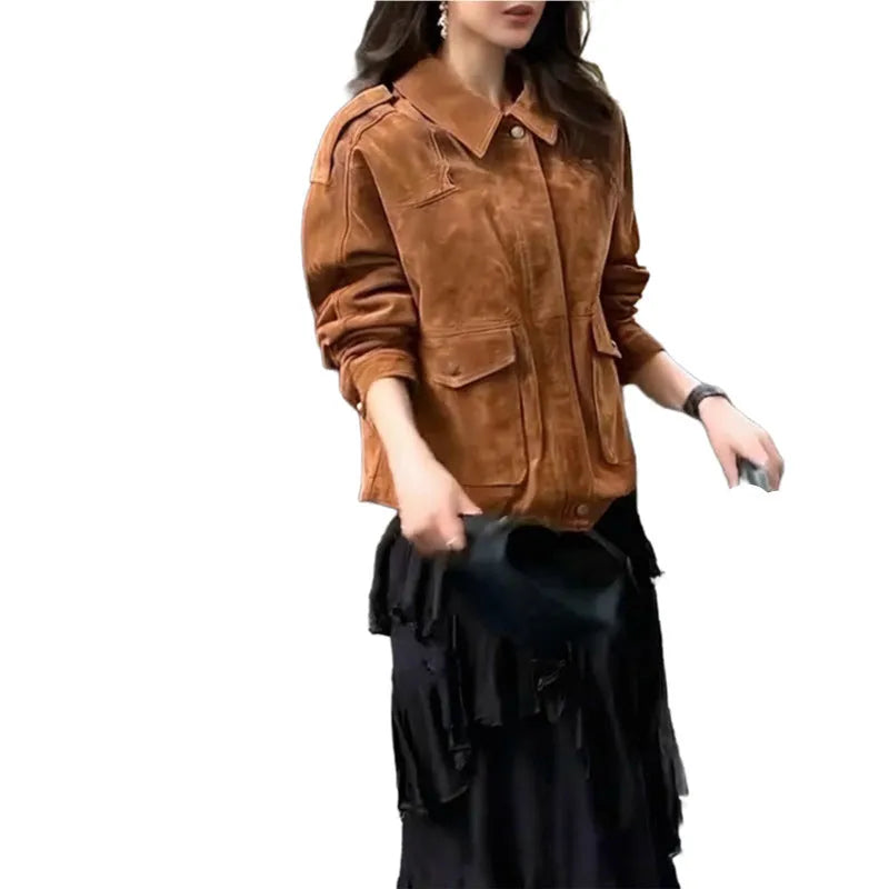 Women's brown suede-look polyester coat with regular sleeves in multiple sizes