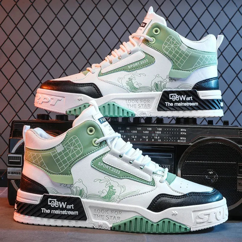 Men's high-top board shoes in beige white and blue with mesh lining and rubber sole