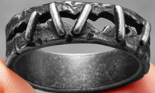 Stainless steel punk stitching style double ring in dark colour showing textured band design