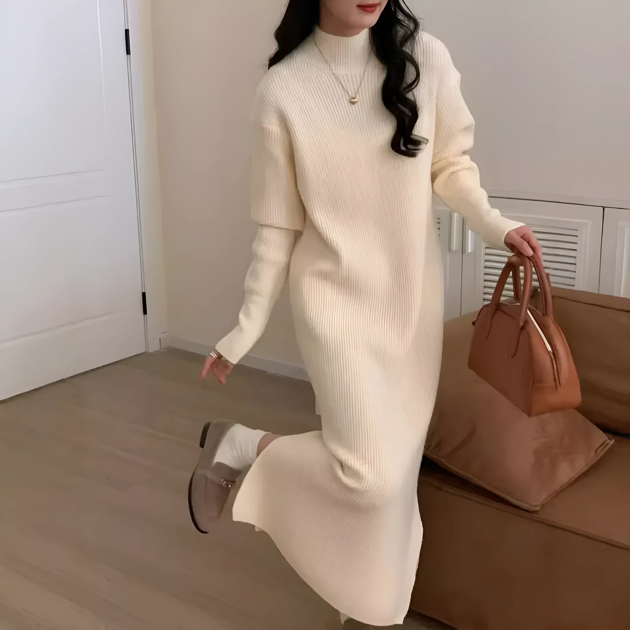 Half turtleneck acrylic knitted dress in midi length with long sleeves and high waist