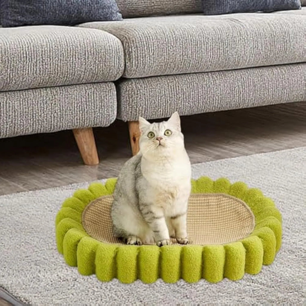 Green oval sisal cat scratching pad and lounge bed measuring 65cm long.