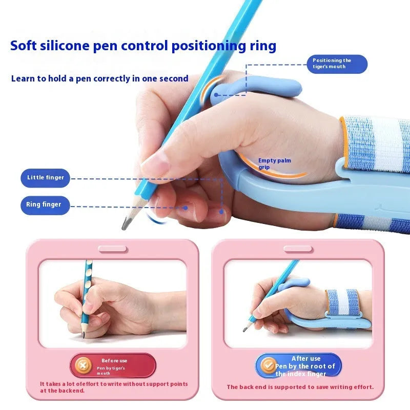 Blue and pink anti-hook holder pen control corrector wrist brace made of ABS nylon for writing posture correction