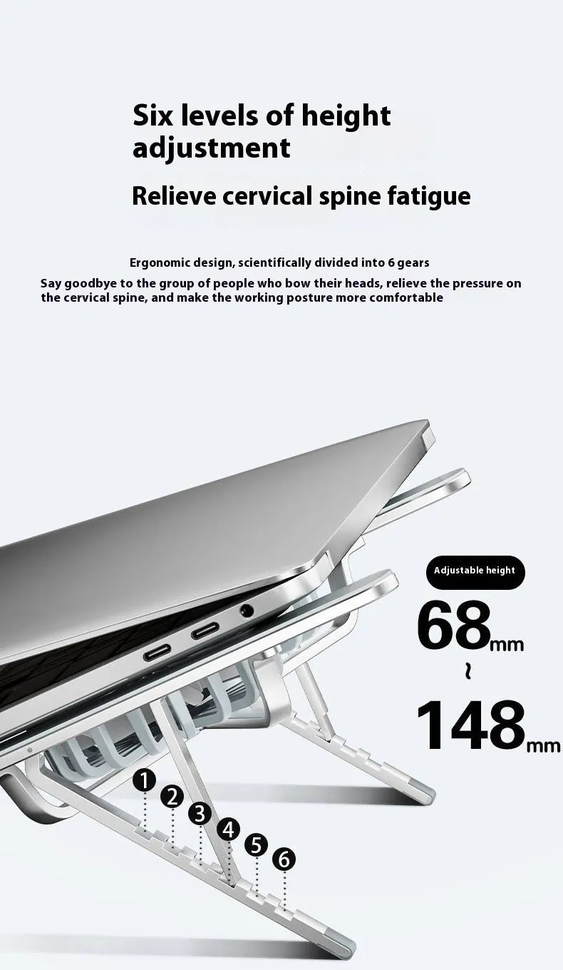 Silver aluminium folding laptop stand with twin cooling fans deployed on a desk.