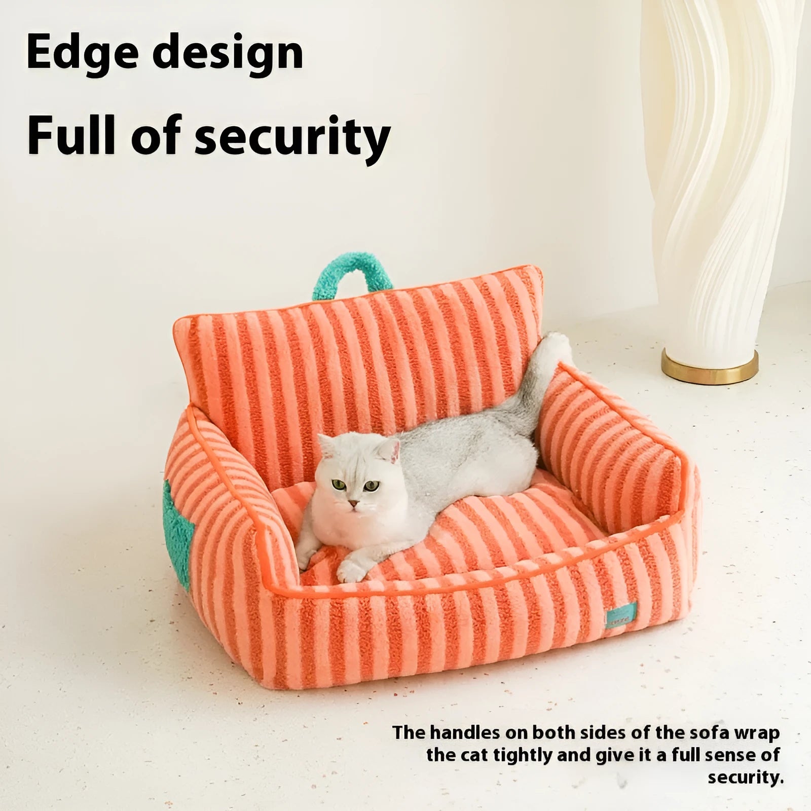 Striped pet bed for dogs with soft velvet plush fabric and removable washable cover in orange colour