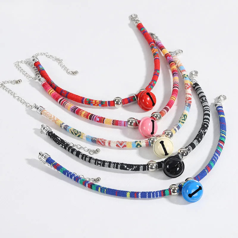 Coloured ethnic style adjustable pet collar with bell necklace for cats and dogs