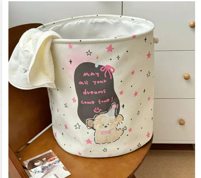 Foldable cotton cloth laundry basket with bear print design for bedroom storage