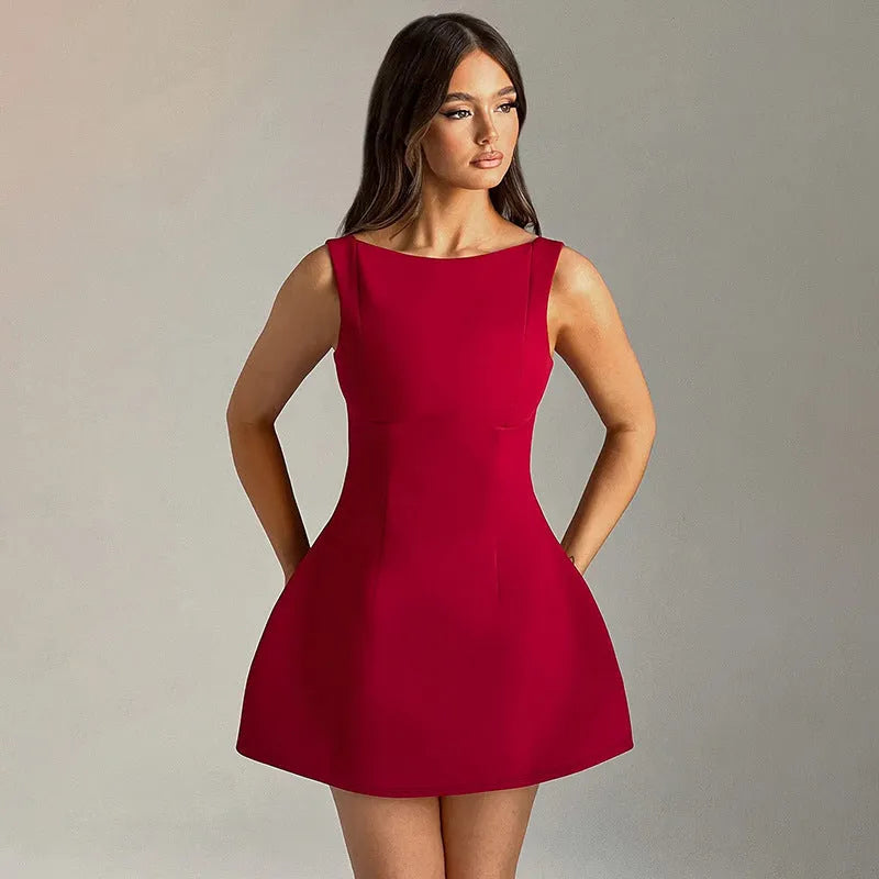 Slim-fitting backless sleeveless summer dress with high waist and short skirt