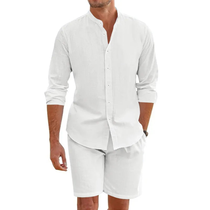 Men's dark grey short sleeve button-down shirt and matching drawstring shorts casual summer suit