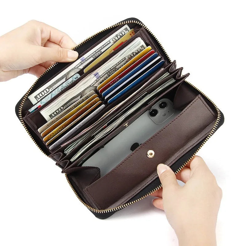 Genuine leather long wallet for women showing six colour options with anti-theft card protection