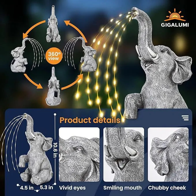 Resin elephant garden sculpture with integrated light strip for outdoor patio decoration