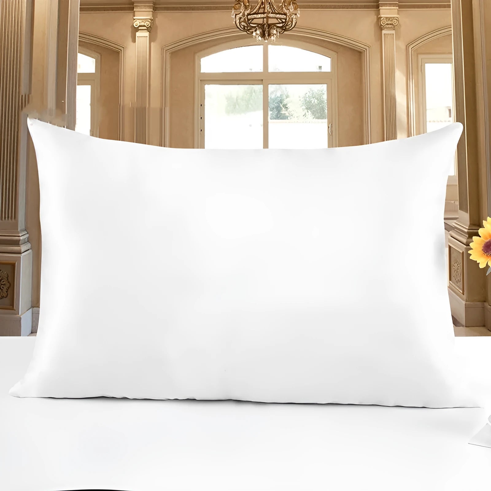19 M double-sided silk pillowcase shown in apricot colour, lying flat to show envelope closure.