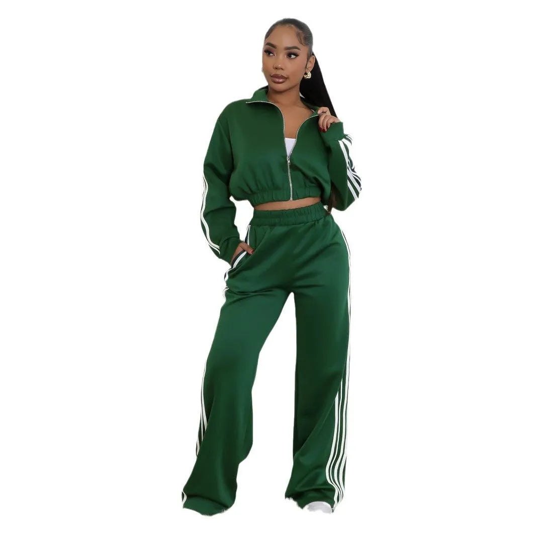 Striped zipper sweater and trouser two-piece set in street hipster style