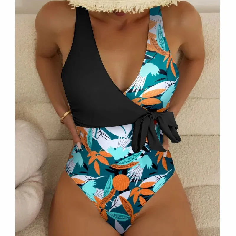 Women's high waist one-piece bikini swimsuit with printed pattern and quick-drying polyester fabric