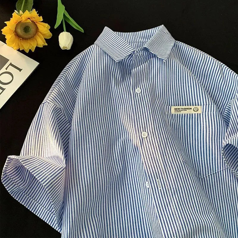 Loose plus size casual half sleeve striped shirt in blue or green colours