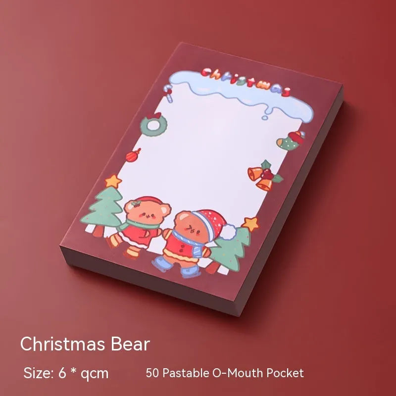 Christmas cartoon sticky notes set with Santa Claus, Elf, Snowman, Gift, Sled, House, Crystal Ball, and Christmas Bear designs