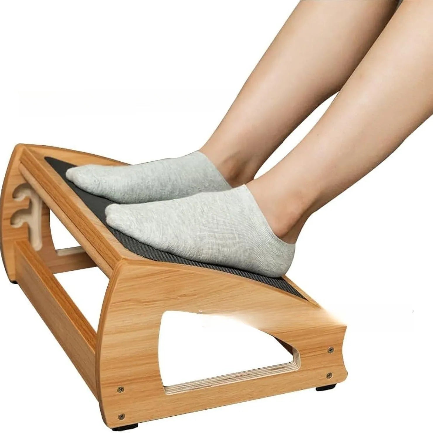 Natural wood colour bamboo adjustable footstool for under a desk.